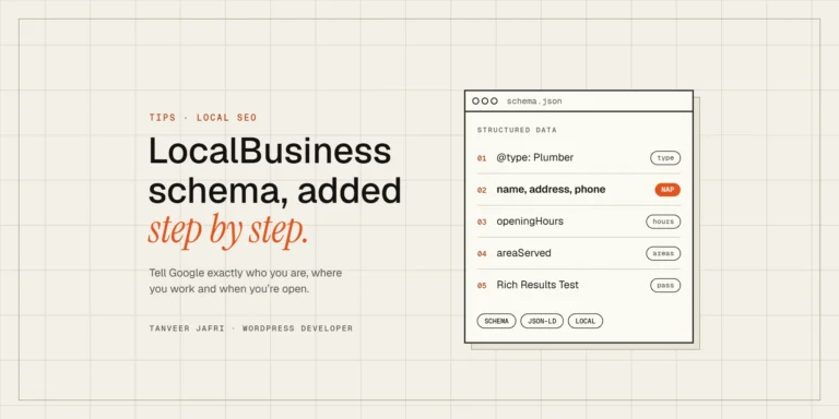 LocalBusiness schema fields for WordPress: business type, name, address and phone, opening hours, area served and Rich Results Test