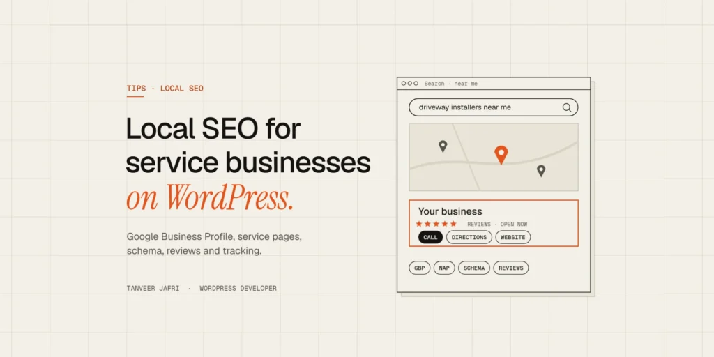 Illustration of a local search with map pins and a business listing with call, directions and website buttons
