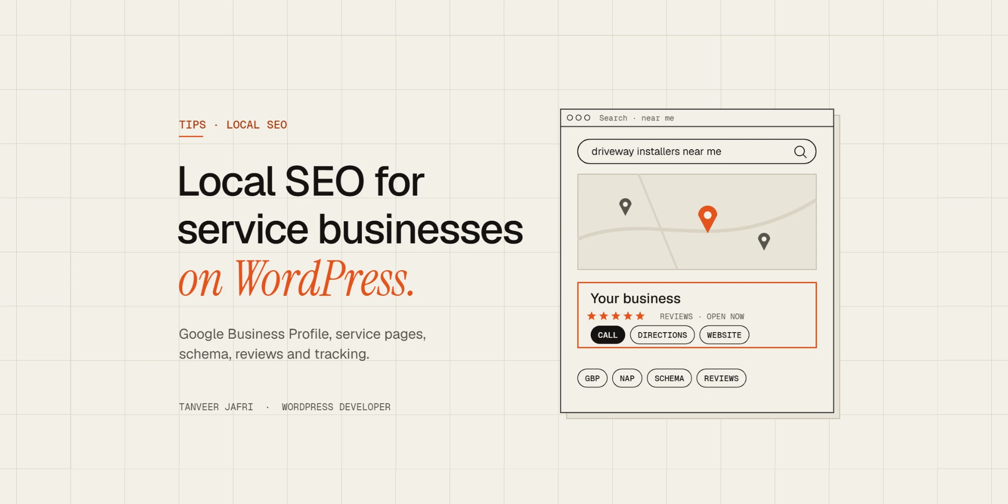 Illustration of a local search with map pins and a business listing with call, directions and website buttons