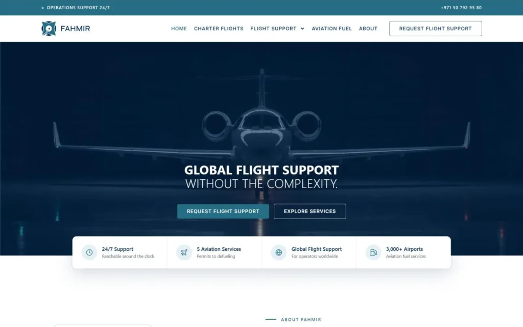 Fahmir Aviation homepage on desktop