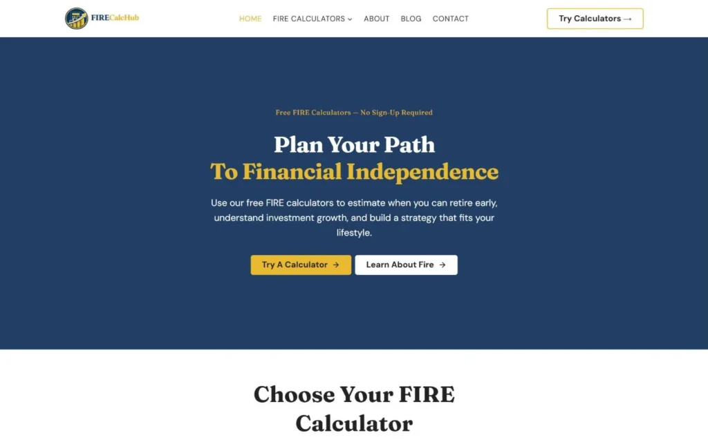 FIRECalcHub homepage on desktop