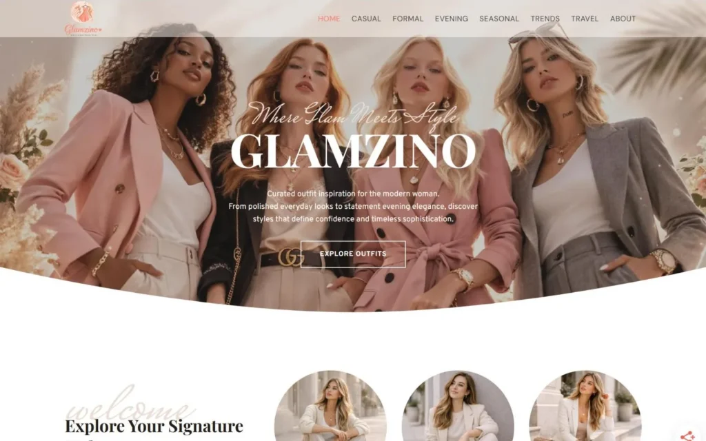 Glamzino homepage on desktop