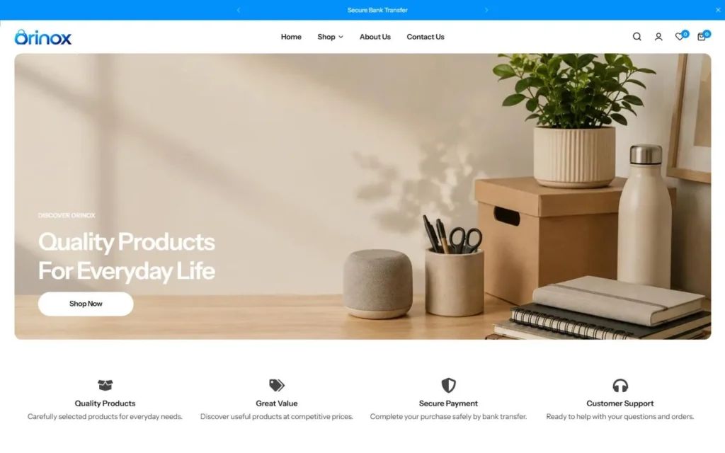 Orinox homepage on desktop