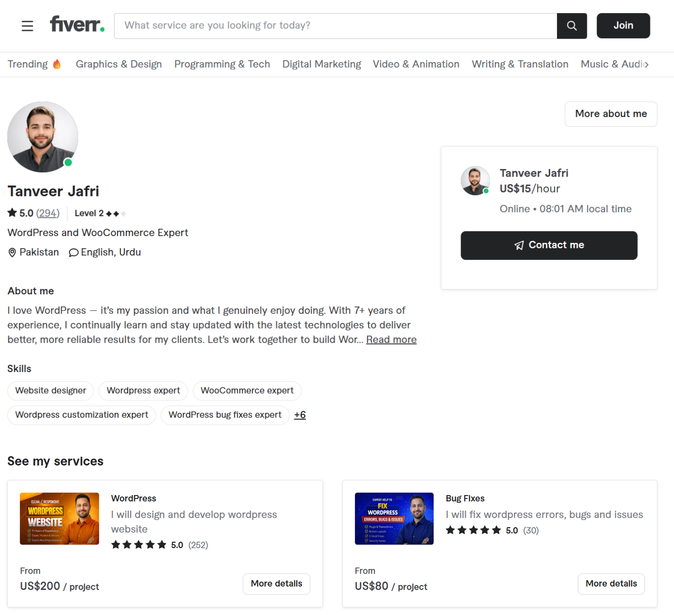 Tanveer Jafri's Fiverr profile: 5.0 rating from 294 reviews, Level 2 seller