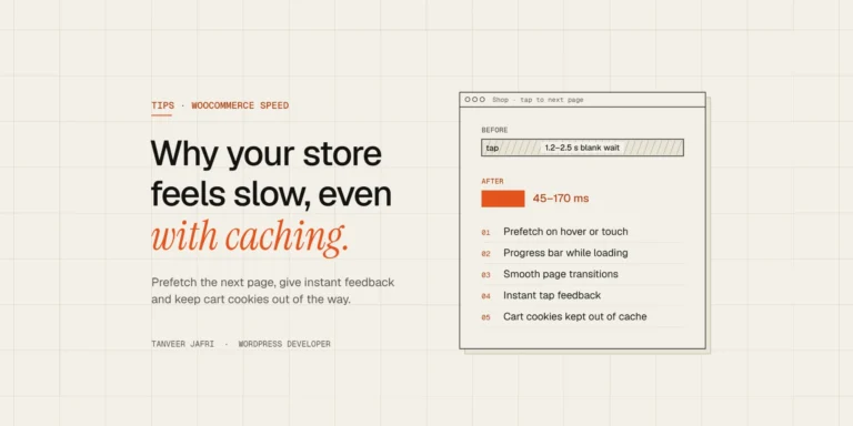 Diagram comparing a 1.2–2.5 second wait with a 45–170 ms page change on a WooCommerce store